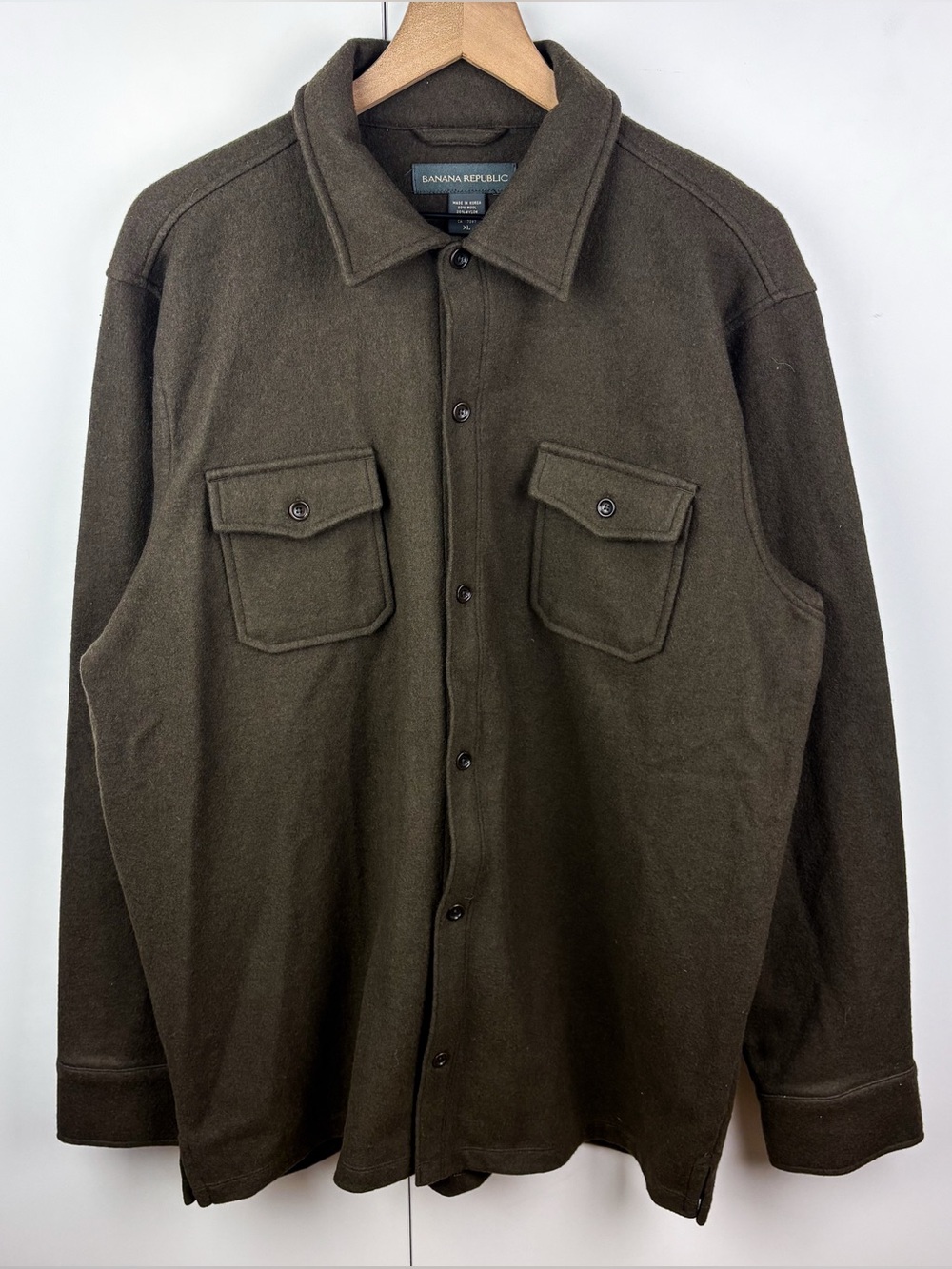 Banana Republic Vintage Wool Flannel Button Down Shirt Olive Green Brown Y2K
